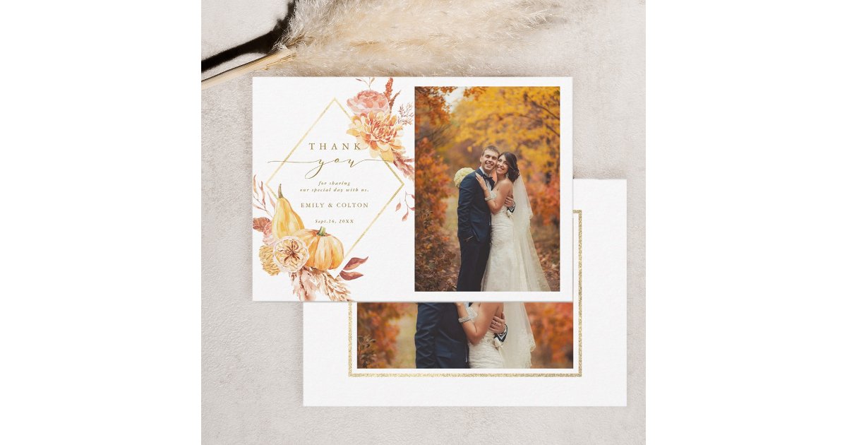 Rustic Fall Floral Pumpkin Wedding 2 Photo Gold Thank You Card | Zazzle