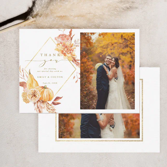 Rustic Fall Floral Pumpkin Wedding 2 Photo Gold Thank You Card | Zazzle