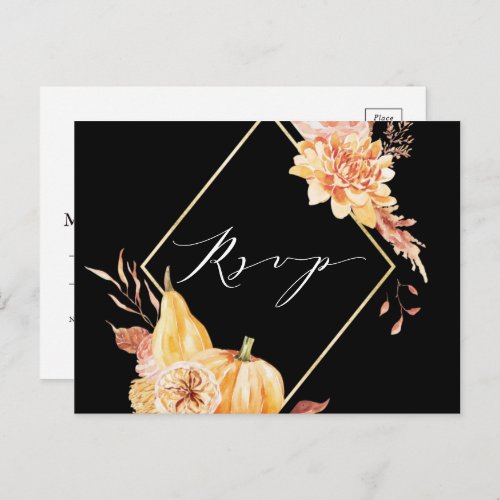 Rustic Fall Floral Pumpkin Wedding Black RSVP  Postcard