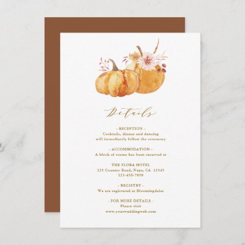 Rustic Fall Floral Pumpkin Wedding Details Gold Enclosure Card
