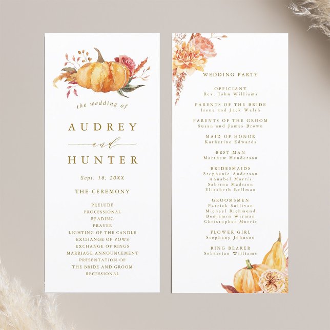 Rustic Fall Floral Pumpkin Wedding Gold Program (Front & Back)