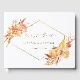 Rustic Fall Floral Pumpkin Wedding Gold Script  Guest Book