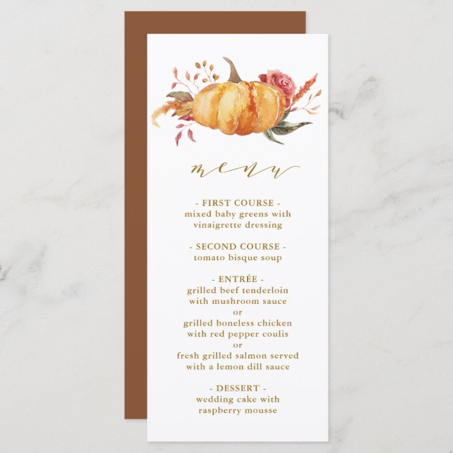 Rustic Fall Floral Pumpkin Wedding Gold Script Menu (Front/Back)