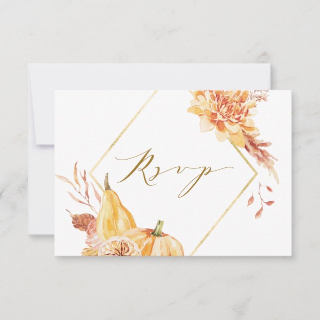 Rustic Fall Floral Pumpkin Wedding Gold Script RSVP Card (Front)