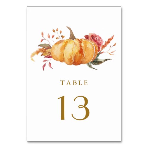 Rustic Fall Floral Pumpkin Wedding Gold Script  Table Number