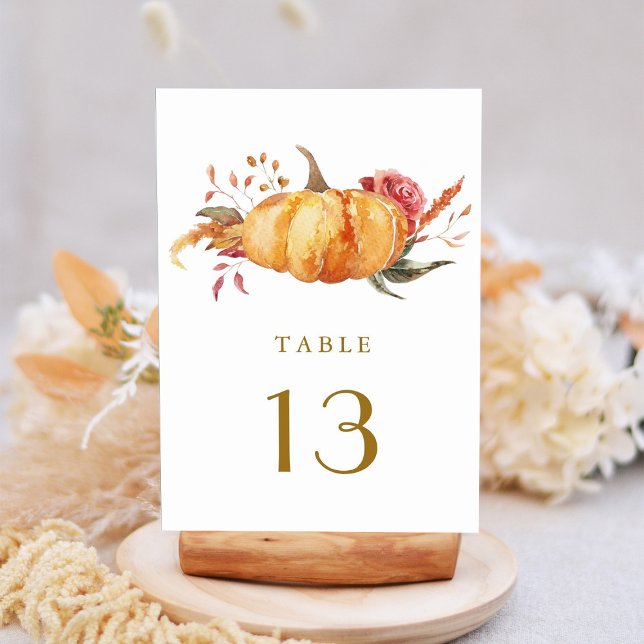 Rustic Fall Floral Pumpkin Wedding Gold Script  Table Number (Creator Uploaded)