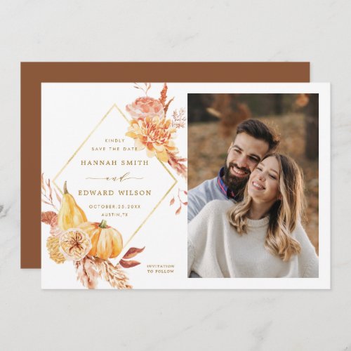 Rustic Fall Floral Pumpkin Wedding Photo Gold Save The Date