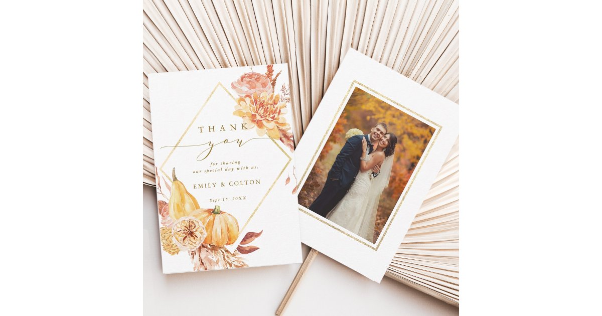 Rustic Fall Floral Pumpkin Wedding Photo Gold Thank You Card | Zazzle