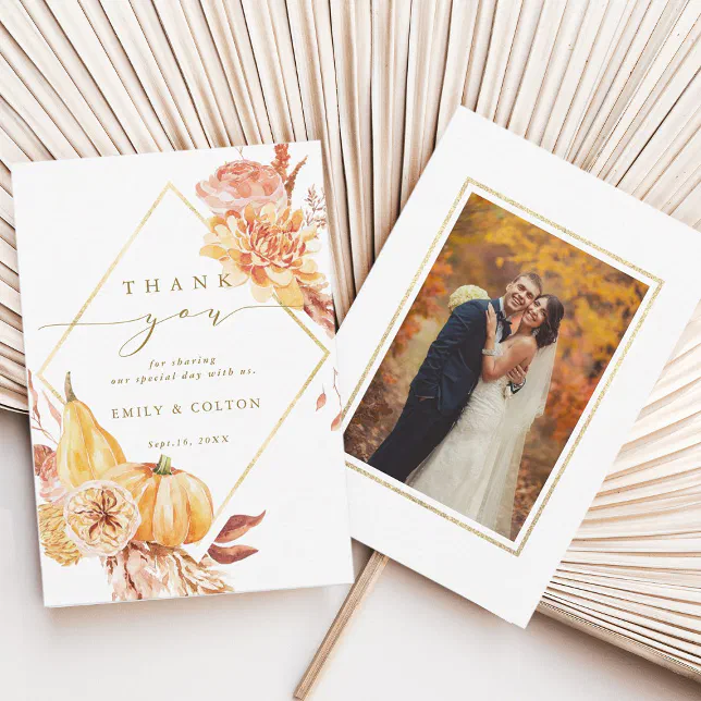 Rustic Fall Floral Pumpkin Wedding Photo Gold Thank You Card | Zazzle