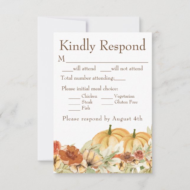 Rustic Fall Floral Pumpkin Wedding Reply RSVP Card (Front)