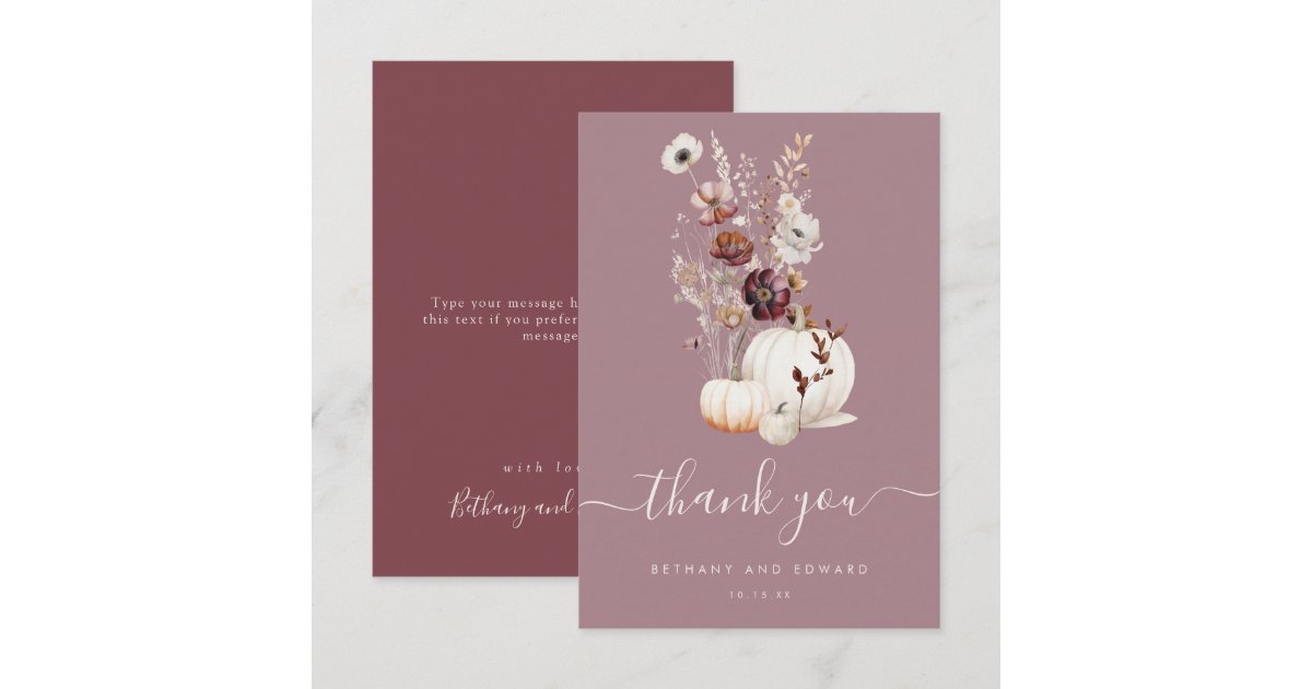 Rustic Fall Floral Pumpkin Wedding Thank You Card | Zazzle
