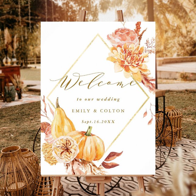 Rustic Fall Floral Pumpkin Wedding Welcome Gold Foam Board (Creator Uploaded)