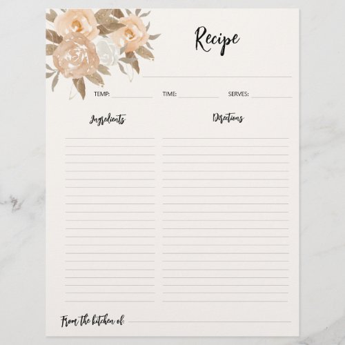 Rustic Fall Floral Recipe Binder Paper