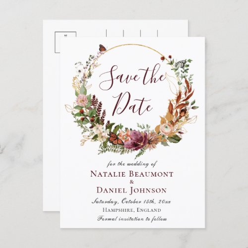 Rustic Fall Floral Save the Date Announcement Postcard