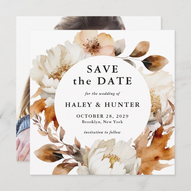 Rustic Fall Floral Save the Date with Photo (Front/Back)