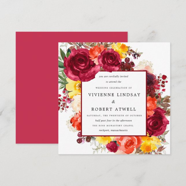 Rustic Fall Floral Square Wedding Invitation (Front/Back)
