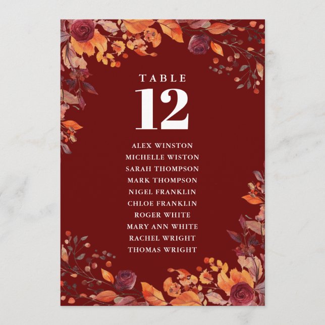 Rustic Fall Floral Table Number Seating Chart (Front)
