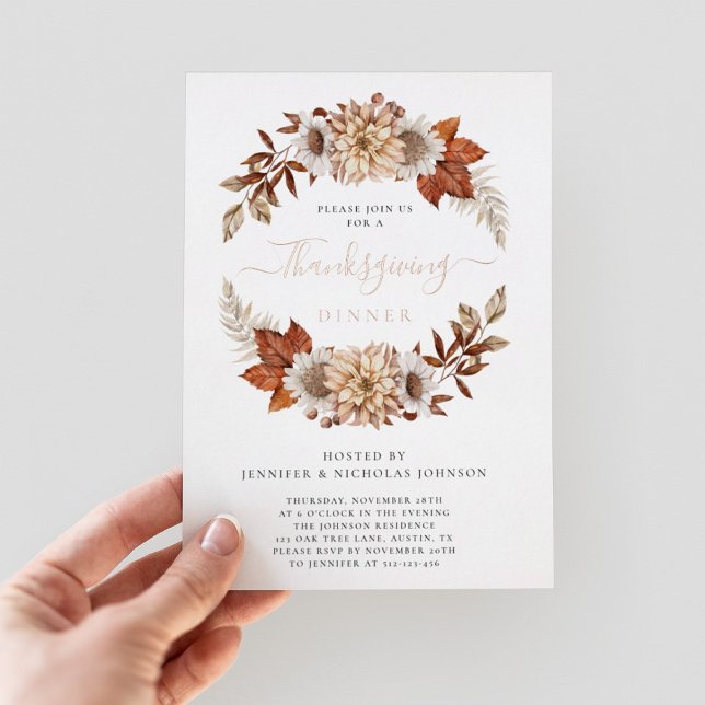 Rustic Fall Floral Thanksgiving Dinner Foil Invitation (Front - Rustic Fall Floral Thanksgiving Dinner Foil Invitation)