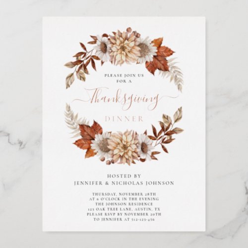 Rustic Fall Floral Thanksgiving Dinner Foil Invitation Postcard