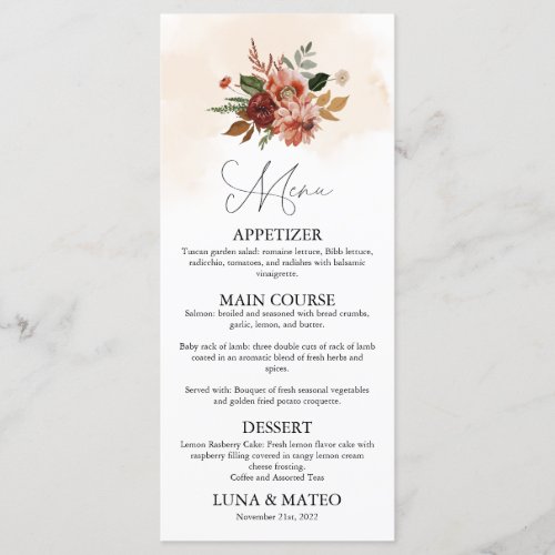 Rustic Fall Floral Themed Wedding Dinner Menu