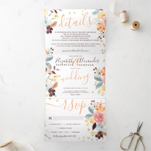 Rustic fall floral watercolor chic gold wedding Tri_Fold invitation