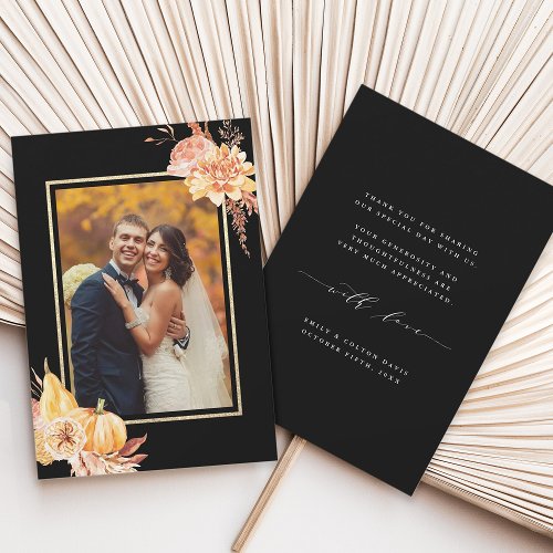 Rustic Fall Floral Watercolor Wedding Black Photo  Thank You Card