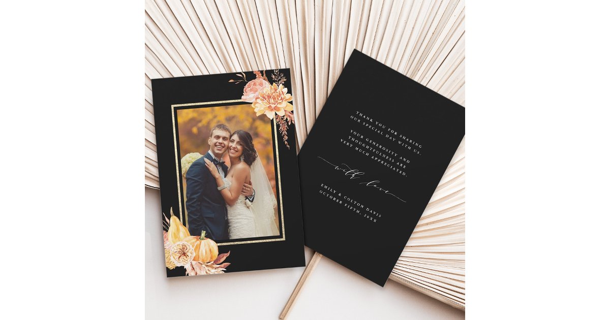 Rustic Fall Floral Watercolor Wedding Black Photo Thank You Card | Zazzle