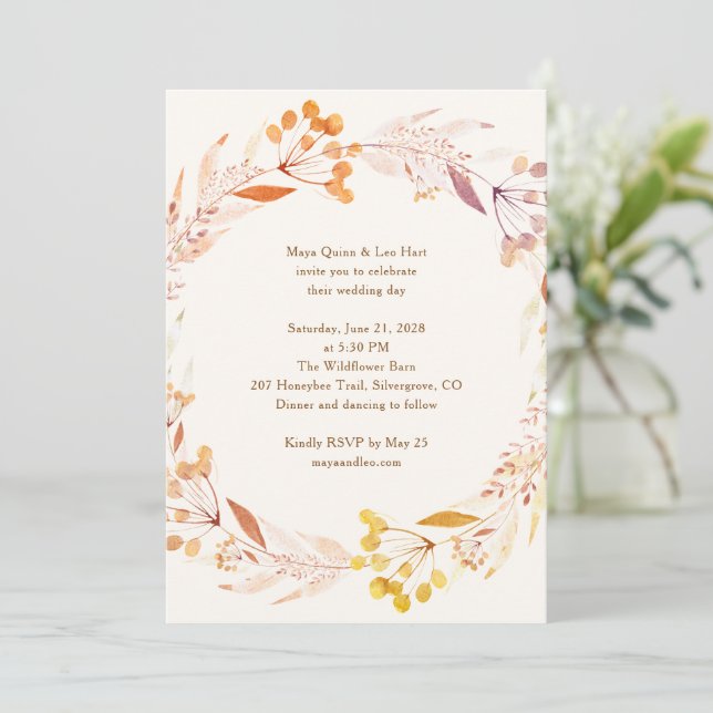 Rustic Fall Floral Watercolor Wreath Boho Wedding Invitation (Standing Front)