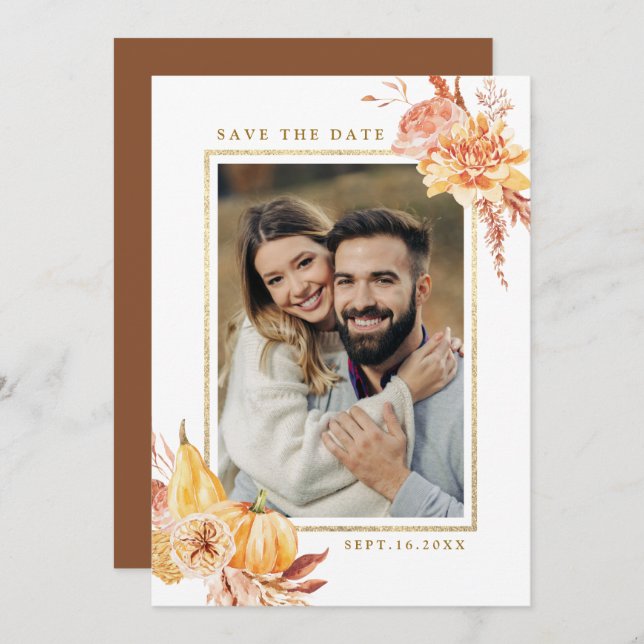 Rustic Fall Floral Wedding Gold Frame Photo        Save The Date (Front/Back)