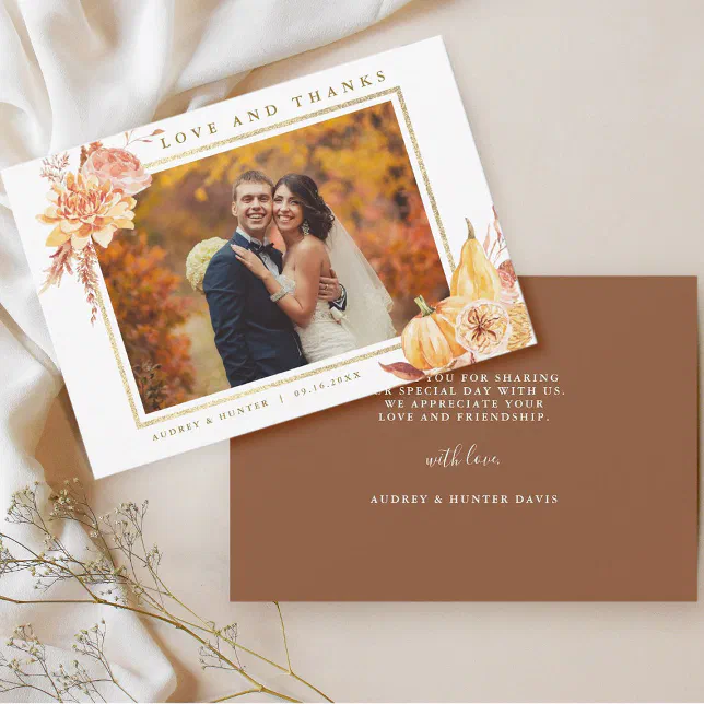 Rustic Fall Floral Wedding Gold Frame Photo Thank You Card | Zazzle