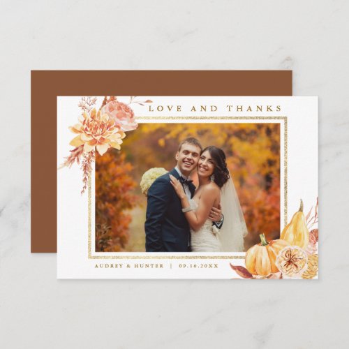 Rustic Fall Floral Wedding Gold Frame Photo  Thank You Card