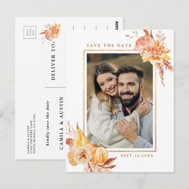 Rustic Fall Floral Wedding Photo Save the Date  Postcard (Front/Back)