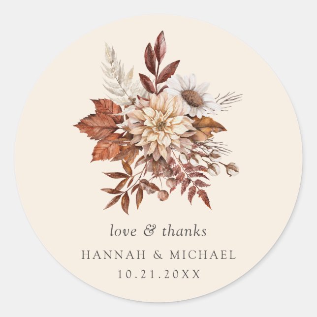 Rustic Fall Floral Wedding Thank You Classic Round Sticker (Front)