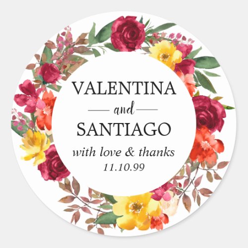 Rustic Fall Floral Wedding Thank You Favor Classic Round Sticker