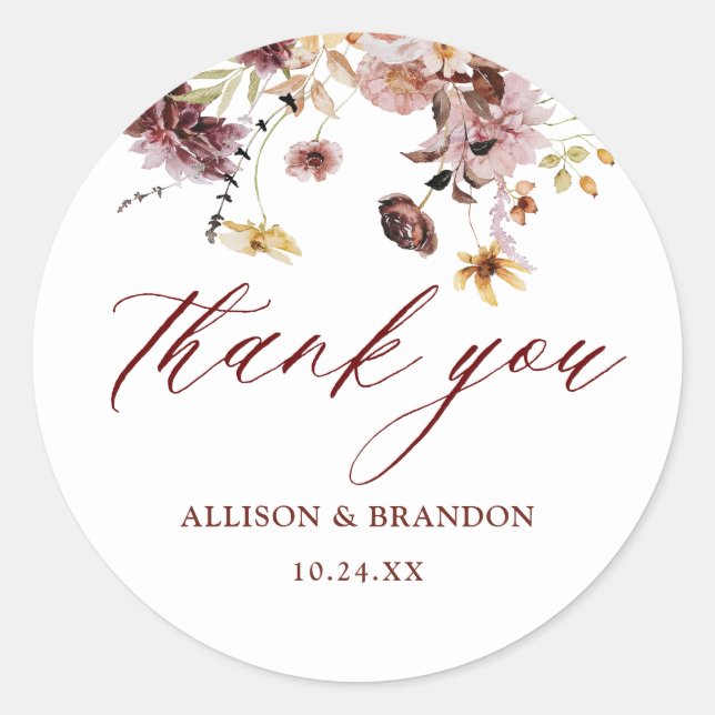 Rustic Fall Floral Wedding Thank You Favor Classic Round Sticker (Front)