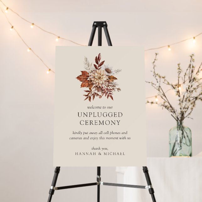 Rustic Fall Floral Wedding Unplugged Ceremony Sign (In Situ (Stand))