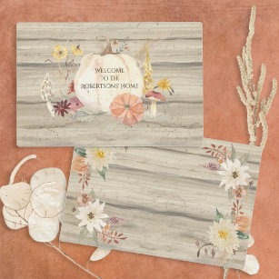 Rustic Fall Floral White Orange Pumpkin Name Place Placemat