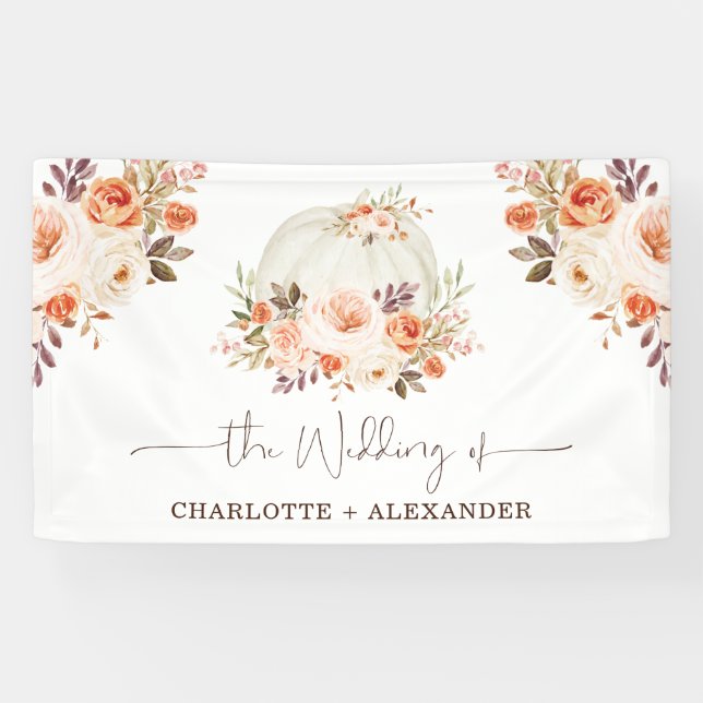 Rustic Fall Floral White Pumpkin Wedding Party Banner (Horizontal)