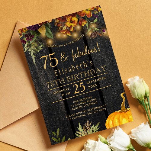 Rustic fall floral wood 75 fabulous years birthday invitation