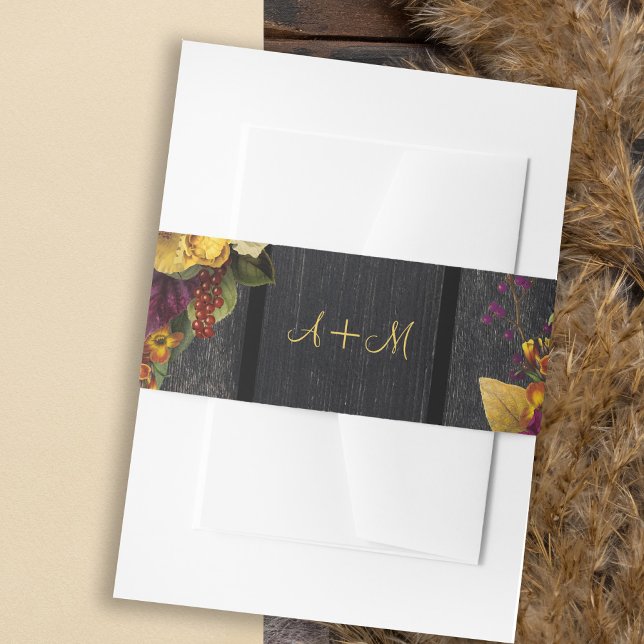 Rustic fall floral wood elegant monogram wedding invitation belly band (Creator Uploaded)