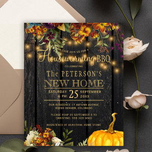 Rustic fall floral wood housewarming bbq invite