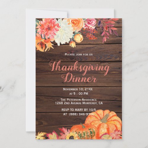 Rustic Fall Floral Wood Thanksgiving Invitations