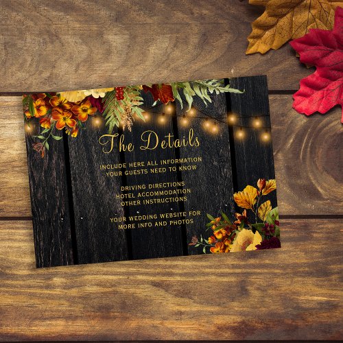 Rustic fall floral wood wedding guest details enclosure card