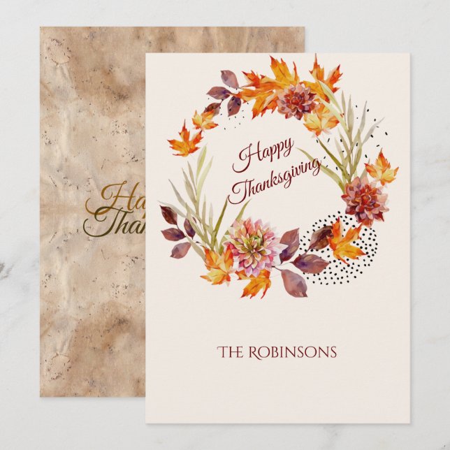 Rustic Fall Floral Wreath Happy Thanksgiving Holiday Card (Front/Back)