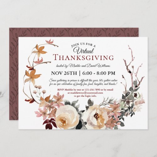 Rustic Fall Floral Wreath Virtual Thanksgiving Invitation