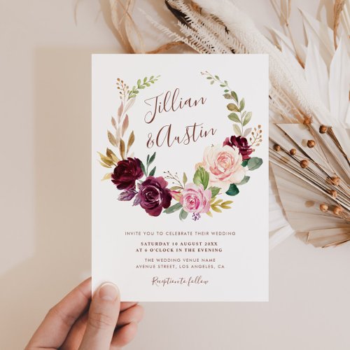 Rustic fall floral wreath wedding invitation