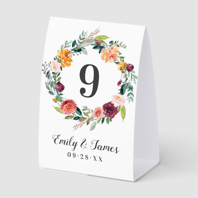 Rustic Fall Floral Wreath Wedding Monogram Paper Table Tent (Front)