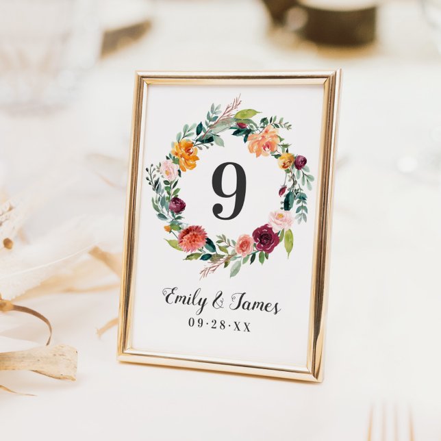 Rustic Fall Floral Wreath Wedding Monogram Table Number (Creator Uploaded)