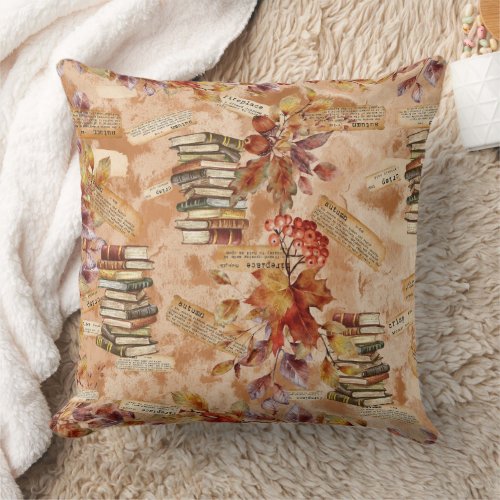 Rustic Fall Florals Autumn Leaves Bookish Throw Pillow