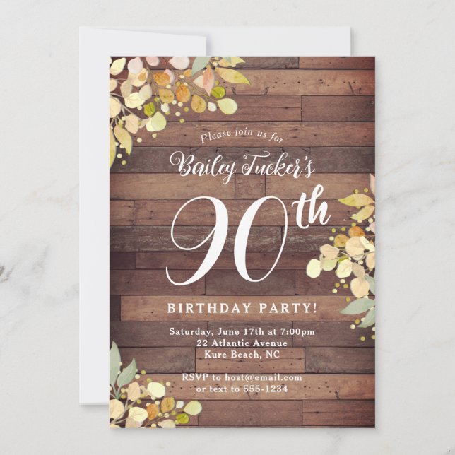 Rustic Fall Florals Gold Foil Dots 90th Birthday Invitation (Front)